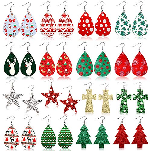 Product Cover FIFATA 16-20 Pairs Christmas Leather Earrings for Women Lightweight Faux Leather Teardrop Dangle Earrings Glitter Christmas Tree Star Handmade Earrings for Xmas Party Costume Decorations