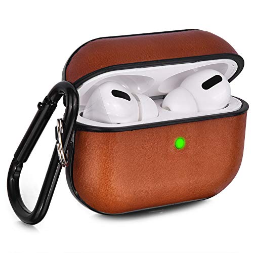 Product Cover V-MORO Compatible with Airpods Pro Case Genuine Leather Airpod 3 Case for Airpods Pro [Front LED Visible] Protective Cover Skin Brown Men Women