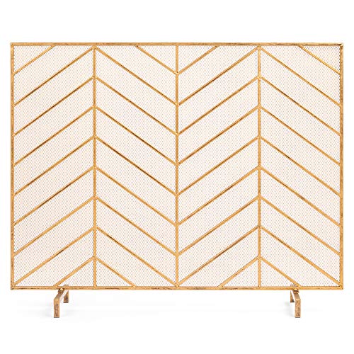 Product Cover Best Choice Products 38x31in Single Panel Handcrafted Wrought Iron Mesh Chevron Fireplace Screen, Fire Spark Guard w/Distressed Antique Copper Finish