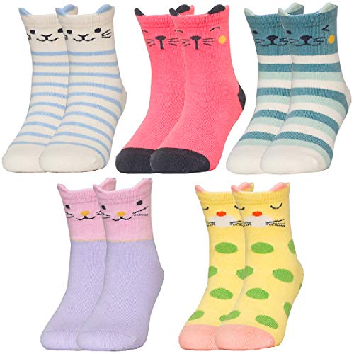 Product Cover Jewatiby 5 Pairs Toddler Kids Little Girls Socks Cute Animal Cat Gift Soft Cotton Socks