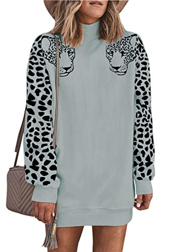 Product Cover Angashion Women's Sweatshirts - Casual Leopard Print Turtleneck Long Sleeve Loose Pullover Tunic Sweatshirt Dress