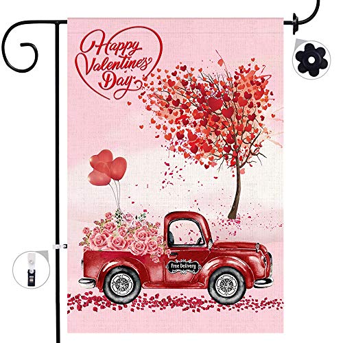 Product Cover Bonsai Tree Valentines Day Garden Flag, Double Sided Valentine Burlap House Flags, Love Hearts Tree Red Truck with Rose Flowers Flags 12x18 Prime, Valentines Day Decorations for The Home