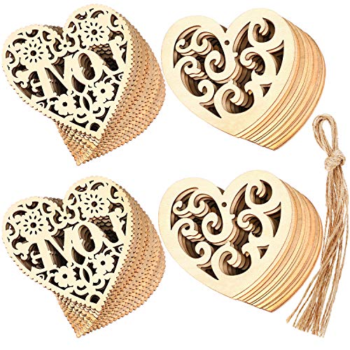 Product Cover Blulu 60 Pieces Valentine's Day Wooden Ornaments Heart Round Wood Slices Wood Angel Shape Slices with 60 Pieces Cords for New Year Christmas Valentine's Day Ornaments (Love Design)