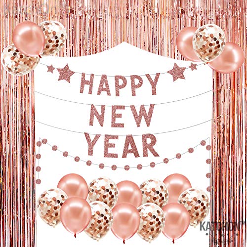 Product Cover Rose Gold New Years Eve Backdrop Banner - Rose Gold Fringe Foil Tinsel Backdrop| Confetti Balloons | Happy New Year Banner Garland Sign |New Years Eve Party Supplies 2020 | Happy New Year Decorations