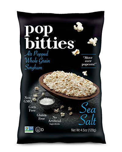 Product Cover Pop Bitties Air Popped Whole Grain Sorghum - Healthy Alternative to Popcorn - Plant Based, Easy to Digest, Gluten Free, Non-GMO, No Corn or Nuts, Vegetarian Snack (Sea Salt, 4-pack, 4.5oz bags)