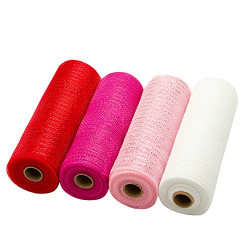 Product Cover LaRibbons Deco Poly Mesh Ribbon - 10 inch x 30 feet Each Roll - Metallic Foil Red/Pink/Fuschia/White Set for Wreaths, Swags and Decorating - 4 Pack