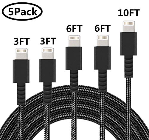 Product Cover iPhone Charger Cable, 5Pack 3ft/6ft/10ft Sharllen MFi Certified Lightning Cord Nylon Braided iPhone Charging Cables Fast USB iPhone Chargers Compatible iPhone XS/Max/XR/X/8/8P/7/7P/6/6P/6S/iPad(Black)