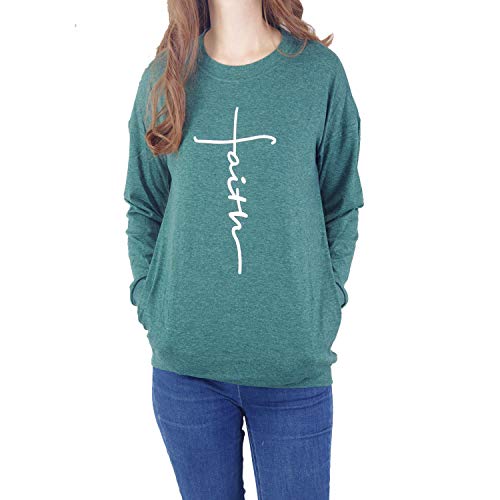 Product Cover Women Good Vibes Long Sleeve Tunic Tops Casual Loose T-Shirt Hoodies Tops Be Kind Graphic Tee Christmas Tee(XXL, Green-Faith)