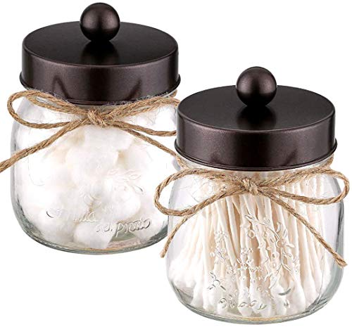Product Cover Mason Jar Bathroom Apothecary Jars - Rustproof Stainless Steel Lid,Farmhouse Decor,Bathroom Vanity Storage Organizer Holder Glass for Cotton Swabs,Rounds,Ball,Flossers,Bath Salts (Bronze, 2-Pack)
