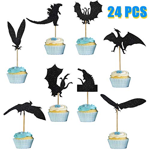 Product Cover Black Glitter Godzilla Cupcake Toppers,Godzilla:King of The Monsters Themed Party for Birthday Party,Baby Shower Decorations, etc.24 Pcs Cupcake Toppers Includes 8 Styles.