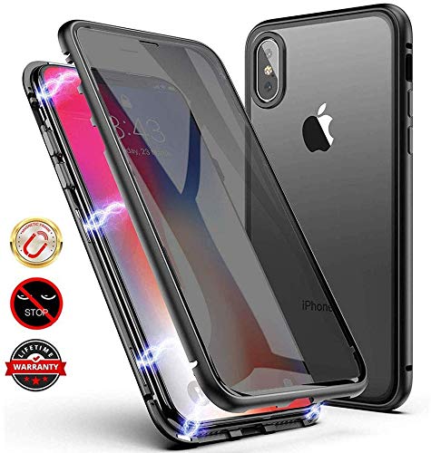 Product Cover Privacy Magnetic Case for iPhone X/XS, Anti Peeping Clear Double Sided Tempered Glass Metal Bumper Frame Full Protective Phone Case for iPhone X/XS (Black)
