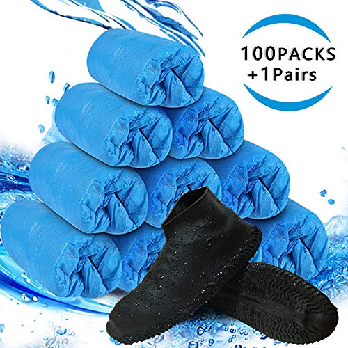 Product Cover Shoe Covers Disposable,Booties Covers 100Pack（50Pairs）Plus Reusable Silicone Shoes Cover（1 Pairs） Non-Slip for Women,Men,Outdoors,Indoor and More（Black）