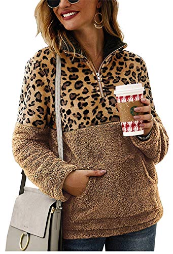 Product Cover Women Long Sleeves Pullover Sweater Warm Fuzzy Leopard Print Patchwork Fleece Tops with Pocket
