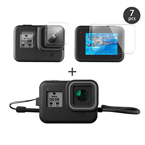 Product Cover FINEST+ Accessories Kit for GoPro Hero 8 Black with Silicone Rubber Protective Case + Tempered Glass Screen Protector + Tempered Glass Lens Protector + Small Display Film Bundle for for Go Pro Hero8