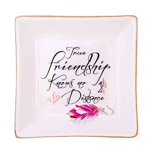 Product Cover ZeenArt Ceramic Ring Dish for Women, Trinket Tray Friendship Gifts Best Friend Birthday Gifts for Her - True Friendship Knows No Distance