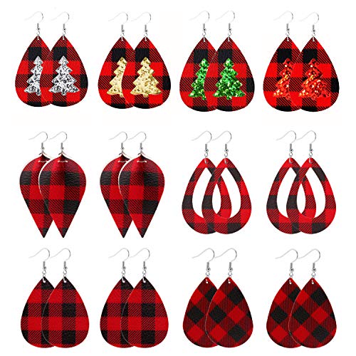 Product Cover Plaid Earrings Valentine's Day Leather Earrings Leaf Red Buffalo Plaid Earrings Statement Earrings Christmas Thanksgiving Gifts For Women 12 Pairs