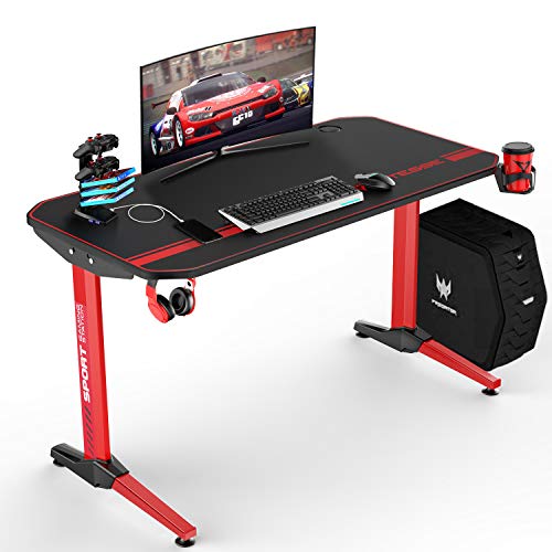 Product Cover VIT 47 Inch Ergonomic Gaming Desk, T-Shaped Office PC Computer Desk with Full Desk Mouse Pad, Gamer Tables Pro with USB Gaming Handle Rack, Stand Cup Holder&Headphone Hook (Red)