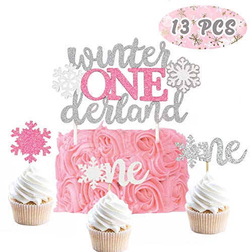 Product Cover Glitter Winter Onederland Birthday Cake Topper(set of 1) and Snowflakes One Winter Wonderland Cupcake Toppers (set of 12) Winter First Birthday Party Decorations Baby Girls 1st Birthday