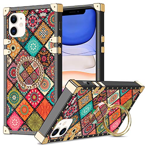 Product Cover Wollony for iPhone 11 Case with Ring Holder Square Edge for Women Girl Retro Elegant Flower Soft Protective Kickstand Case Metal Reinforced Corners Shockproof Cover for iPhone 11 6.1inch Mandala