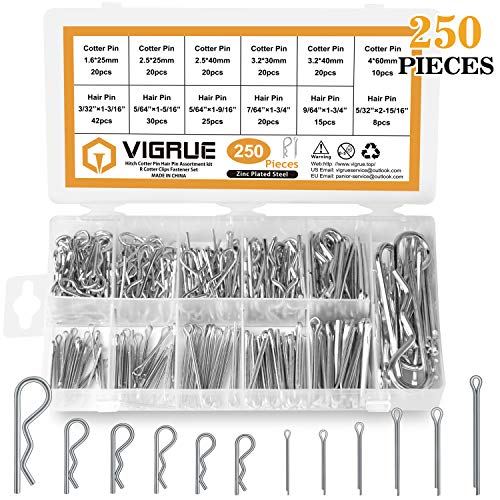 Product Cover VIGRUE 250PCS Cotter Pin Hairpin Assortment Kit Zinc Plated Steel Hitch Pin Hair Pins R Clips Fastener Set Multiple Sizes