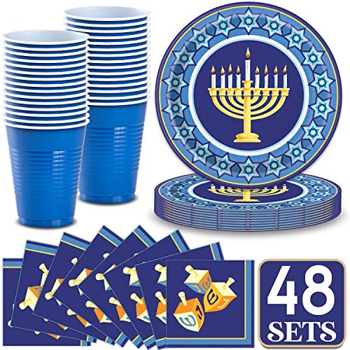 Product Cover Hanukkah Holiday Party Supplies for 48 - Large Plates with Menorah design, Blue Cups, dreidel themed Napkins, Great Hanukkah Jewish Holiday Decorative Tableware Set