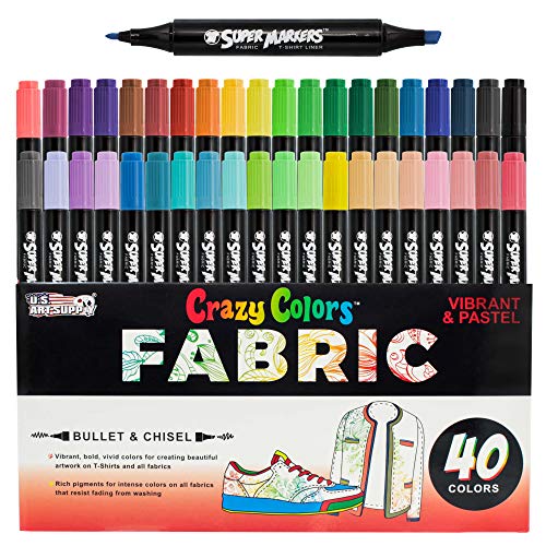 Product Cover Super Markers 40 Unique Primary & Pastel Colors Dual Tip Fabric & T-Shirt Marker Set - Double-Ended Fabric Markers with Chisel Point and Fine Point Tips - 40 Permanent Ink Vibrant and Bold Colors