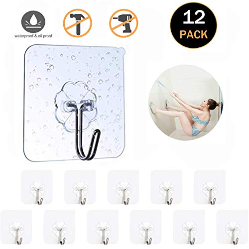 Product Cover TOPCOOKSSD Adhesive Wall Hooks 22lb(Max) Transparent Reusable Seamless Hooks,Waterproof and Oilproof,Bathroom Kitchen Heavy Duty Self Utility Hooks 12 Pack