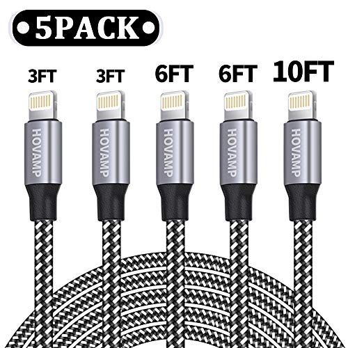 Product Cover HOVAMP MFi Certified 5Pack[3-3-6-6-10 ft] Nylon Braided Cell-Phone Charging Cable USB Fast Charging & Syncing Long Cord,iPhone Charger Compatible iPhone XS/Max/XR/X/8/8P/7/7P/6/iPad/iPod