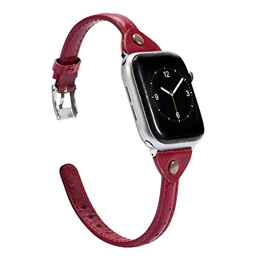 Product Cover Wearlizer Deep Red Leather Compatible with Apple Watch Band 38mm 40mm for iWatch Womens Mens Strap Slim Wristband Leisure Exclusive Bracelet (Metal Silver Buckle) Series 5 4 3 2 1 Edition Sports