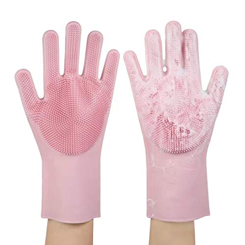 Product Cover Dishwashing,Cleaning Gloves Reusable Silicone Brush Scrubber Gloves Heat Resistant for Dishwashing Kitchen Bathroom Cleaning Pet Hair Care Car Washing (Pink)