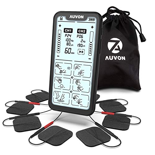 Product Cover AUVON Dual Channel TENS Unit Muscle Stimulator, 24 Modes Rechargeable Massager Machine with 2nd Gen Capacitive Touch Screen (5.4 Inch) and 8pcs 2