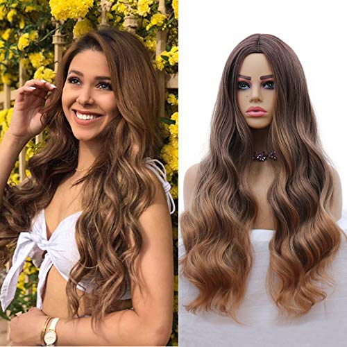 Product Cover Brown Ombre Wig 28 Inch Long Wavy Wig Soft Dark Warm Brown Roots Mixed Ash Blonde Curly Hair for Women Glueless Long Wave Synthetic Wig Free Wig Cap Cosplay Halloween Wig
