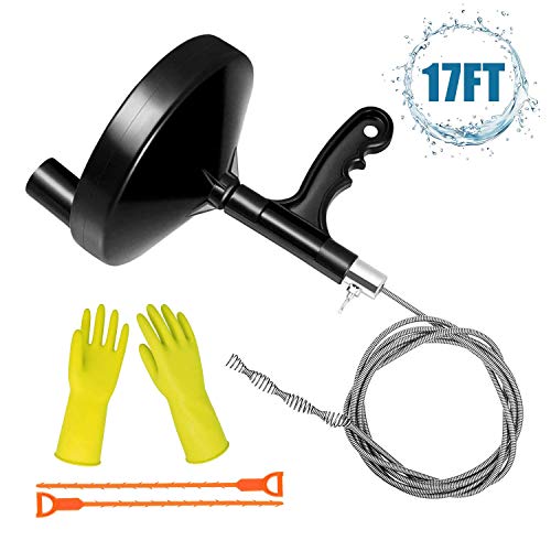 Product Cover Plumbing Snake Clog Remover Tool, HENMI Sink Snake Drain 17Ft Drain Auger for Remove Sink Clog Bathtub Bathroom Sink Kitchen and Sewer,Drain Clearing Tool Extra Gifts of Gloves and 2 Cleaning Tool