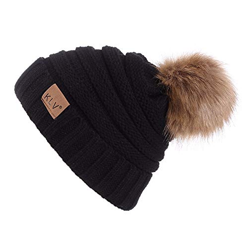 Product Cover Rockia Women Knit Wool Beanie with Fur Pom Poms Unisex Winter Warm Outdoor Thick Knit Hat Caps Skull for Teen Girls Juniors (Black)