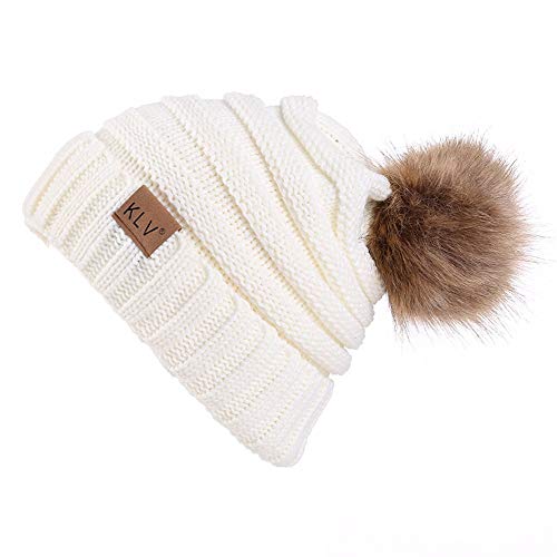 Product Cover Rockia Women Knit Wool Beanie with Fur Pom Poms Unisex Winter Warm Outdoor Thick Knit Hat Caps Skull for Teen Girls Juniors (White)