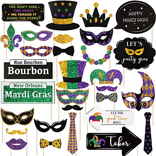 Product Cover 30pcs Mardi Gras Photo Booth Props, Masquerade Carnival Selfie photoprops New Orleans Party Supplies Decorations Favor Funny Signs Masks