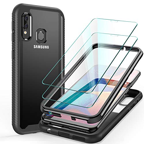 Product Cover ivencase Samsung Galaxy A20 / A30 Case with Glass Screen Protector [2 Pack], Rugged Dropproof Bumper Hybrid Heavy Duty Armor Clear Anti-Scratch Shockproof Case for Samsung Galaxy A20 / A30 Black