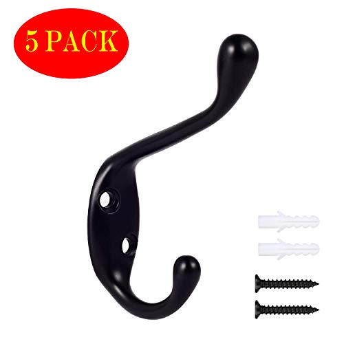 Product Cover Veteble Coat Hooks, Double Prong Modern Wall Mounted Wall Hooks for Hanging Coat, Robe, Backpack and More, 5 Pack, Black