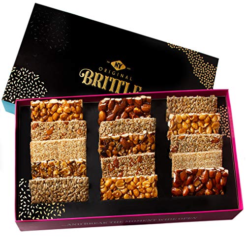 Product Cover NY Original Brittle Christmas Candy Nuts Gift Basket, 8 Variety Gourmet Holiday Treats Mixed Nut Bars, Snacks Food Gifts Sets Prime Baskets For Birthday Men Women Family Valentines Day Box Delivery