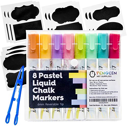 Product Cover Pastel Chalk Markers - 8 Colors with Bonus 24 Chalk Stickers - Premium Erasable Liquid Chalk Marker Pen with Reversible Tip - Perfect for Easter, Mason Jars, Windows, Glass, Labels, Whiteboards