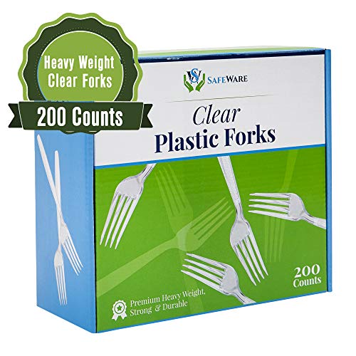 Product Cover Safeware 200 Clear Plastic Forks, Heavy Duty, Disposable Utensil Silverware for Party, BBQ, Picnic, Family, Office, Restaurant