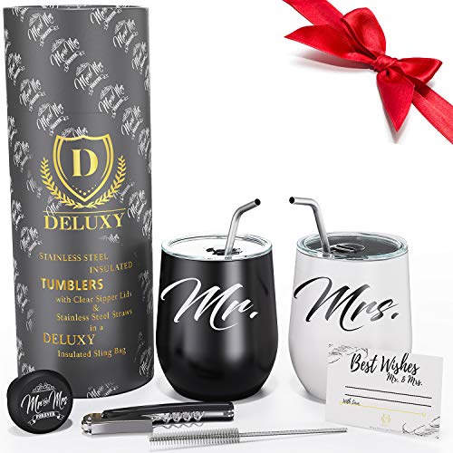 Product Cover Mr and Mrs Wine Tumblers | Couple Drink Cups for Hot, Cold Coffee, Tea |  Best Wedding, Engagement, Anniversary, Bridal Shower Gifts