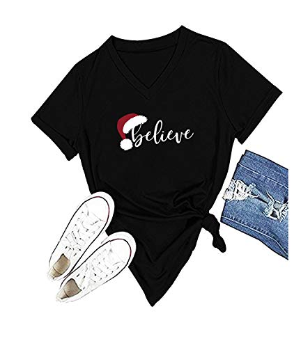 Product Cover Christmas Hat T Shirt Womens Cute Christmas Graphic Short Sleeve Print Tee Tops(Black Vneck,2XL)