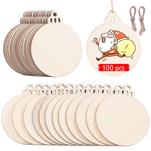 Product Cover Sanglory Natural Wood Slices 100pcs, Round Unfinished Predrilled Wooden Ornaments Craft, Blank Wood Discs with Hole for Christmas DIY Gifts Arts Centerpieces Holiday Hanging Decorations