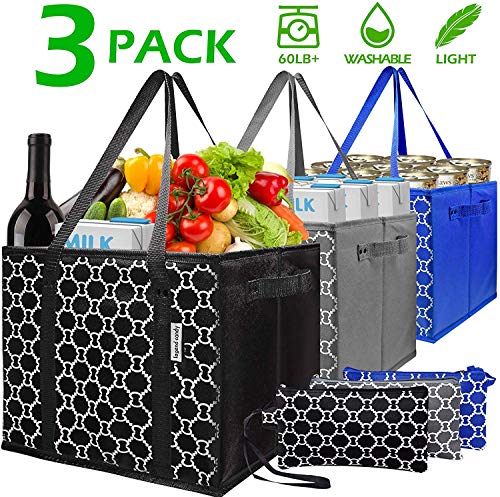 Product Cover Washable Reusable Grocery Bags Heavy Duty Shopping Bags with Zip Coin Purse,Collapsible Shopping Box Bags,Reinforced Nylon Handles PVC Flat Bottom,Set of 3 Foldable Trolley Bags