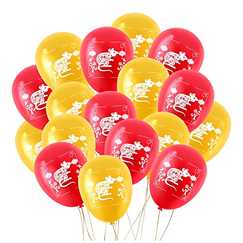Product Cover Chinese New Year Balloons - 2 Metallic Colors Gold & Red - Party Decoration - 40 Latex Balloons - With Fun Festive Print - Celebrate 2020 Year Of The Metal Rat With Chinese Friends & Family