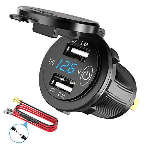 Product Cover 12V USB Outlet, SunnyTrip Waterproof 12V/24V 24W 4.8A Dual USB Charger Socket Power Outlet Adapter with LED Digital Voltmeter and Switch for Car Marine Boat Motorcycle Truck Golf Cart and Mobile