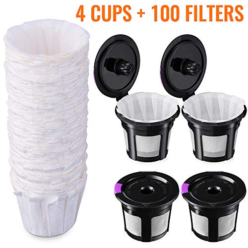 Product Cover Reusable K Cups with Paper Filters Set, Including 4 Pack K Cups and 100 PCS Coffee Filters for Keurig 1.0 and 2.0 Brewers, Paper Filters Fit Reusable K-Cup Pods