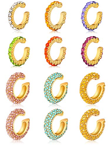 Product Cover 12 Pieces Rhinestone Ear Cuff Earrings C-shape No Piercing Earrings Colorful Cartilage Ear Clips for Women
