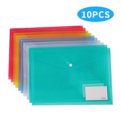 Product Cover MILOLO Plastic Envelopes Poly Envelopes, 10 Pack US Letter A4 Size Transparent File Envelopes with Label Pocket& Snap Closure, Clear Filing Envelopes for School/Home/Work/Office, Assorted Color